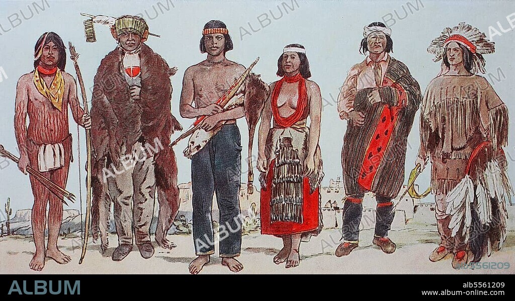 Clothing, fashion in North America, Indians, from left, Indian of the Yuma tribe in Colorado, chief of an Apache tribe in Arizona, man and woman of North American Indians, then a Pueblo Indian from Arizona and a Lipan chief in a dance costume, digitally restored reproduction of a 19th century original