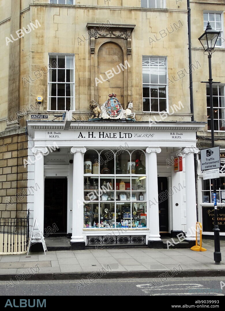 A H Hale Pharmacy established in 1826 and located in Argyle Street, Bath is an example of Georgian architecture in this city in Somerset, England. Most buildings in Bath are made from the local, golden-coloured Bath Stone, and many date from the 18th and 19th century.