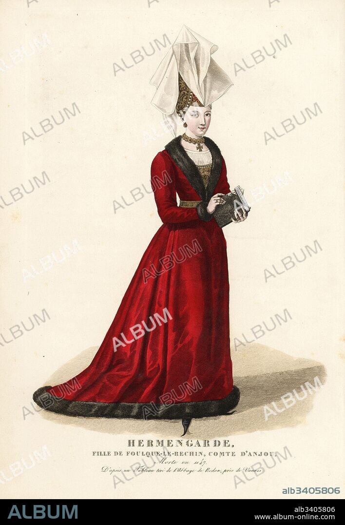 Ermengarde, daughter of Fulk IV the Quarreler, Count of Anjou, died 1147. In tall headdress with veil, red velvet dress trimmed with fur, long crakows or poulaines, holding a book. From a painting in the Abbey of Redon near Vannes. Handcoloured copperplate engraving by Georges Jacques Gatine after an illustration by Louis Marie Lante from Galerie Francaise de Femmes Celebres, Paris, 1827.