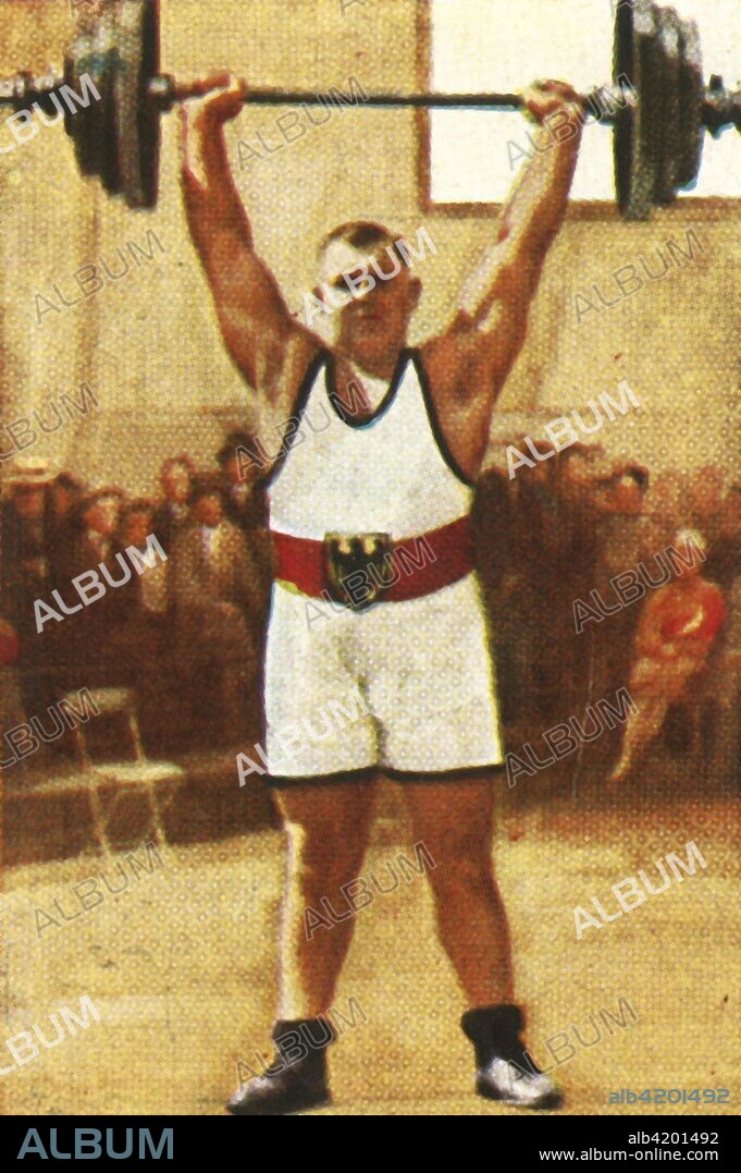 Josef Straßberger, German weightlifting champion, 1928. Straßberger (1894-1950) won gold medal in the men's heavyweight event at the 1928 Summer Olympics, held in Amsterdam. From "Die Welt in Bildern", (The World in Pictures), cigarette card album, c1928. [Georg A Jasmatzi, A.-G., Dresden, Germany].