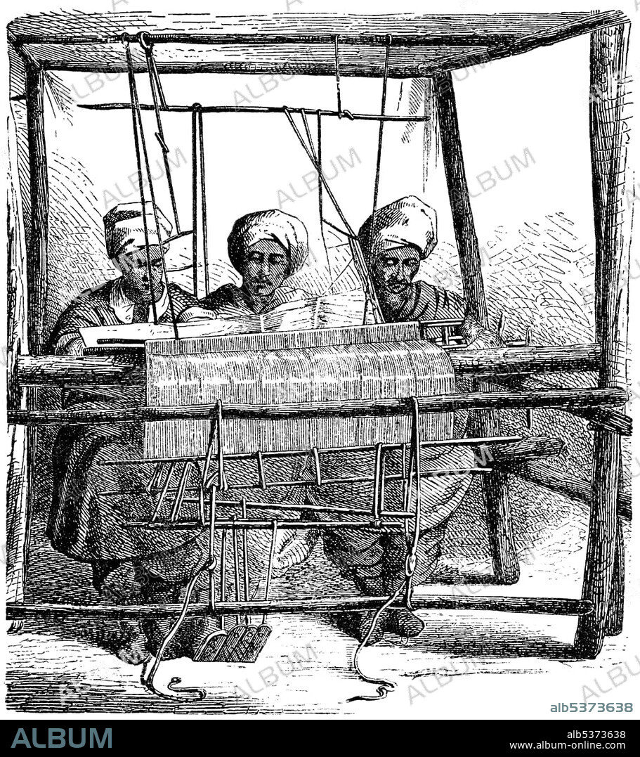 Historic drawing, Indian weavers working on a mechanical weaving loom, 18th century