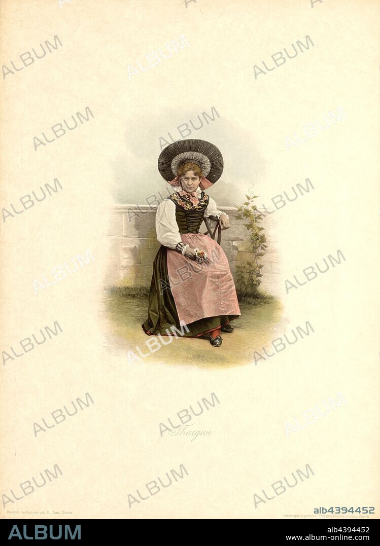Thurgau, Costume from the canton Thurgau, signed: Photogr., Recording by R. Ganz; Chromophotogravure: Polygraphic Institute, Fig. 16, p. 28, Ganz, Rudolf (Fotografische Aufnahmen); Polygraphisches Institut (Chromofotogravur), Rudolf Ganz, Julie Heierli: Die Schweizer-Trachten vom XVII-XIX Jahrhundert nach Originalien. Zürich: Brunner & Hauser (Polygraphisches Institut), [1897-1898].