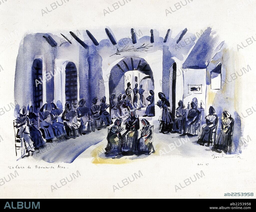 GARCIA LORCA, FEDERICO. ESCRITOR ESPAÑOL. FUENTEVAQUEROS (GRANADA). 1898-1936. BOCETO DECORADO DEL PRIMER ACTO DE " LA CASA DE BERNARDA ALBA", OBRA DE GORI MUÑOZ, AÑO 1955. DE LA COMPAÑIA DE TEATRO LA BARRACA. INSTITUTO DEL TEATRO. BARCELONA.