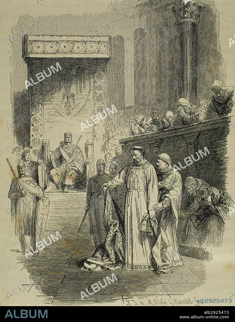ENRIQUE III "el Negro" (1017-Bodfeld, 1056). Emperador germánico de 1039 a 1056. Miembro de la dinastía Salia. Impuso su autoridad e intervino en las elecciones pontificias destituyendo a los tres papas cismáticos (Silvestre III, Benedicto IX y Gregorio VI). En el sínodo de Sutri (1046), nombró a Clemente III nuevo Papa. "SINODO DE SUTRI". Grabado por A. Closs.