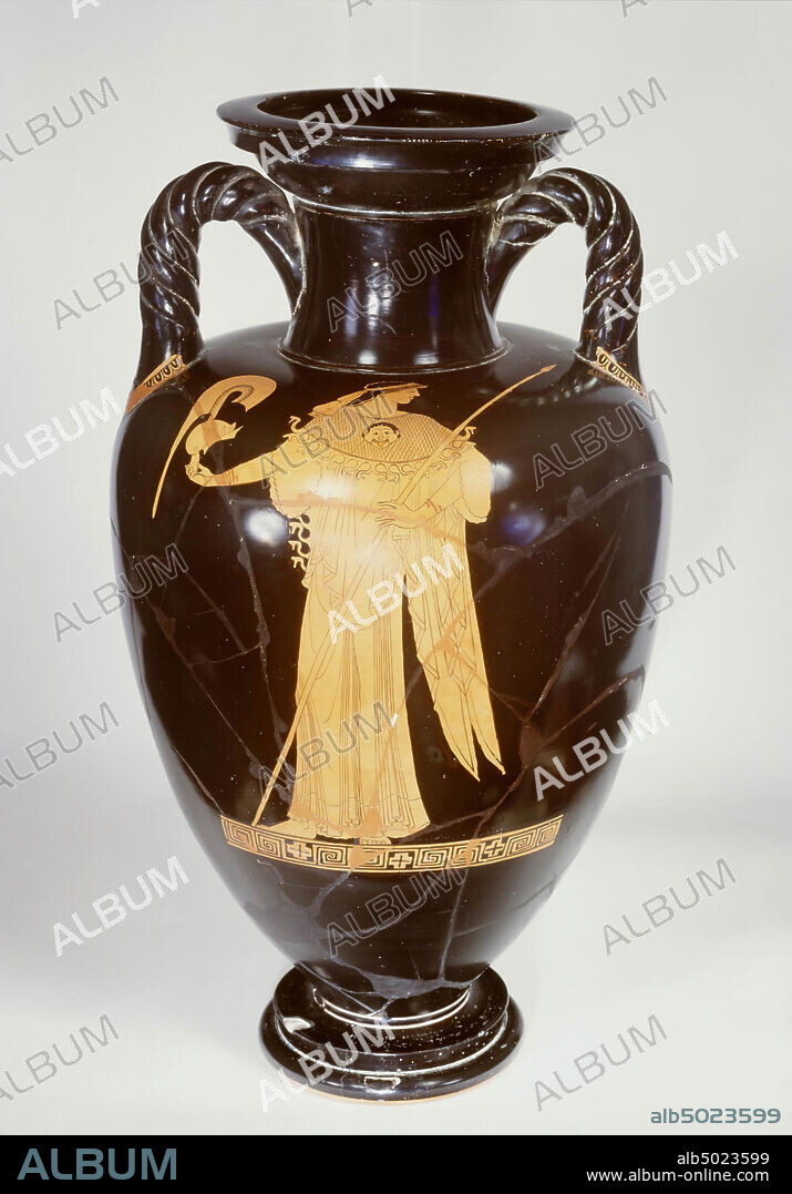 Attentive red-figured neck amphora with twisted handles. Attributed to the Berlin Painter. A: Athena, standing to the left, with aegis and lance, holding the Attic type helmet in the hand. B: Nikè to the left, with a bowl of offer.