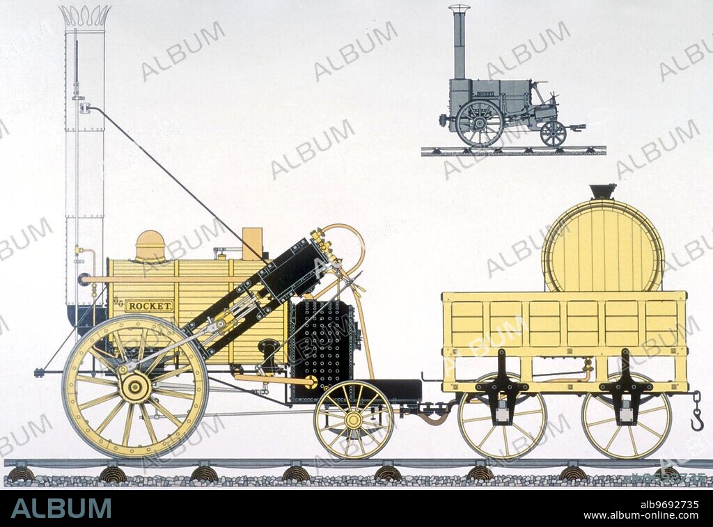 The Rocket, a pioneer railway locomotive built by the English steam locomotive inventor George Stephenson. Following the success of the Stockton & Darlington Railway in 1825, the "Rocket" achieved a speed of 36 miles per hour.