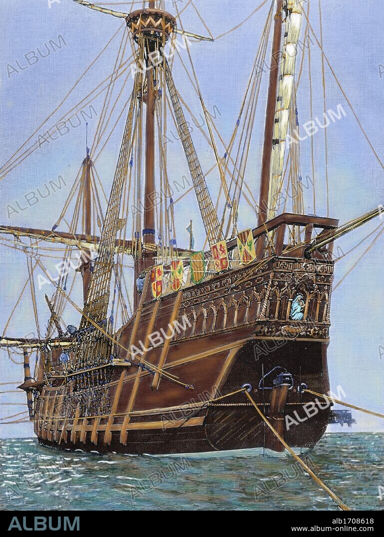 DESCUBRIMIENTO DE AMERICA (1492). LA NAO SANTA MARIA. Momentos antes de zarpar de San Fernando para Huelva. Grabado por Rico. Coloreado.