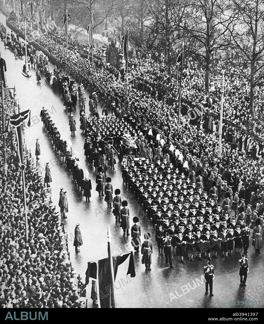 King George V's funeral procession passing along Piccadilly, London, 28 January 1936. Illustration from George V and Edward VIII, A Royal Souvenir, by FGH Salusbury, a souvenir book published as Edward VIII was crowned following the death of his father, George V, (Daily Express Publication, London, 1936).