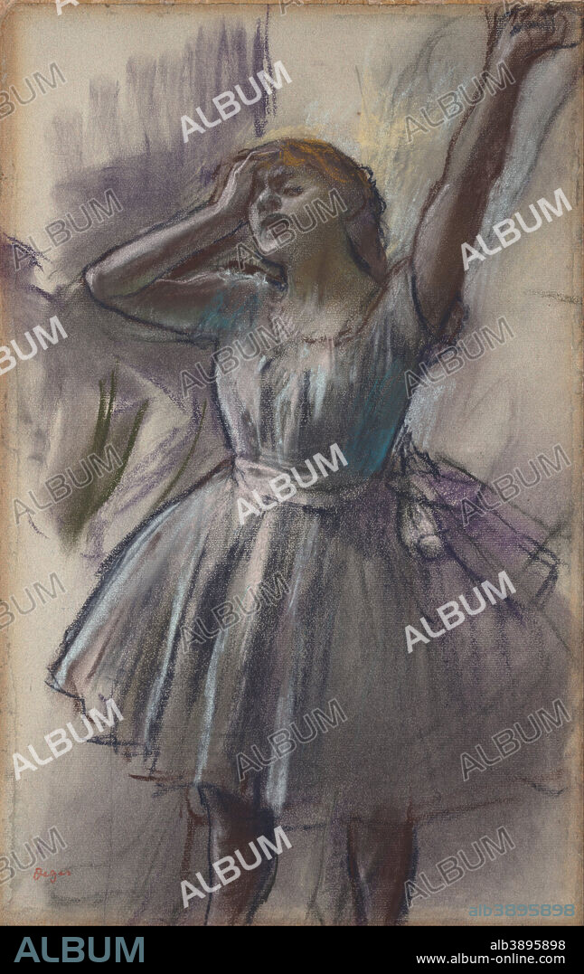 EDGAR DEGAS. Dancer Stretching. Date/Period: Ca. 1882-85. Drawing. Pastel on pale blue-gray paper. Height: 46.70 mm (1.83 in); Width: 29.70 mm (1.16 in).