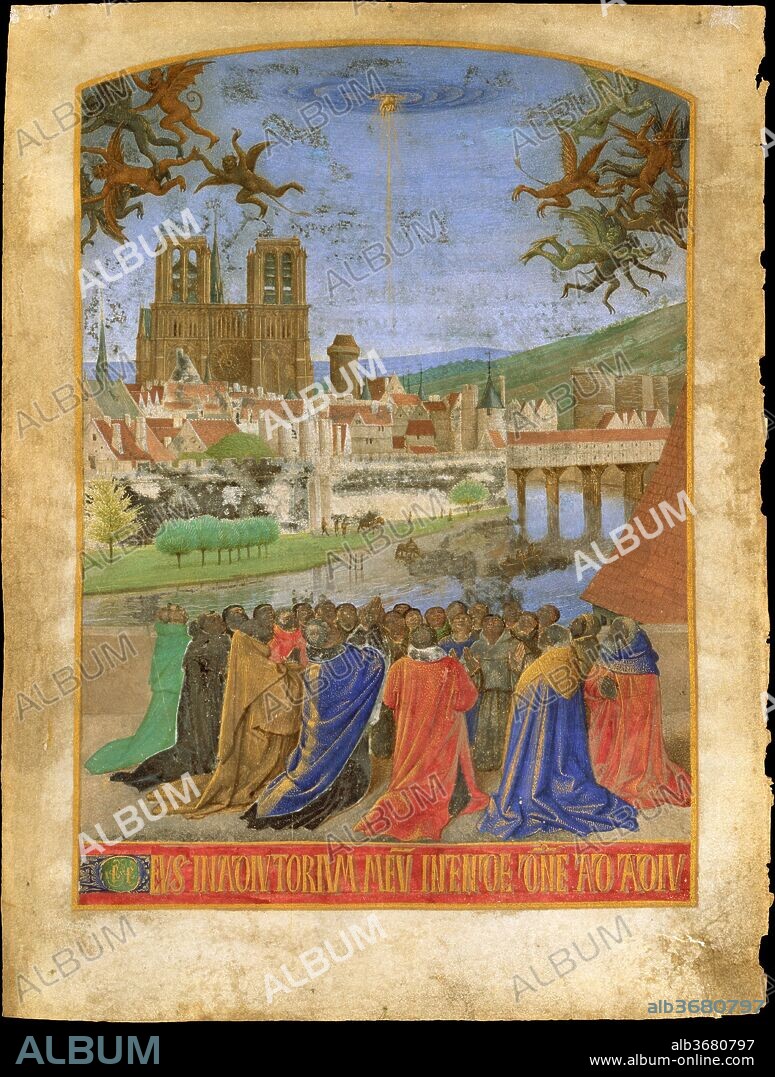 The Right Hand of God Protecting the Faithful against the Demons. Artist: Jean Fouquet (French, Tours ca. 1425-ca. 1478 Tours). Dimensions: leaf: 7 5/8 x 5 3/4 in.  (19.4 x 14.6 cm). Date: ca. 1452-1460.
The "Hours of Étienne Chevalier" is one of the most famous and lavishly illuminated manuscripts of the fifteenth century. It was painted for the treasurer of France by Jean Fouquet, court artist to kings Charles VII and Louis XI, who worked not only as a miniaturist but also as a panel painter. The Lehman miniature decorates the page that contains the opening words of the evening prayer (vespers) for the Hours of the Holy Spirit. It shows the faithful standing in the foreground on a terrace, looking up at the hand of God, as demons flee to the left and right. The subject is highly unusual, as is the topographically accurate depiction of medieval Paris, in which the cathedral of Notre Dame, the spire of Saint-Chapelle, the Pont Saint-Michel, and other monuments of the Île de la Cité (including the Hôtel de Nesle, where the figures stand) are immediately recognizable.