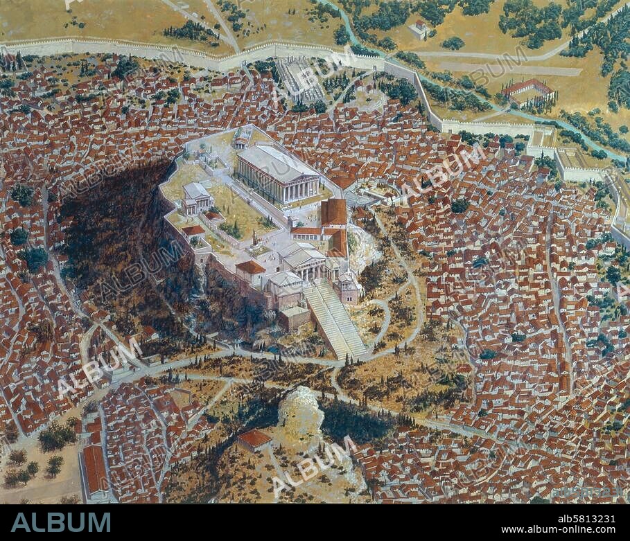 Athens (Greece), Acropolis. Reconstruction: View of Athens a. the Acropolis, beginning C4, with Pinakotheke, Propylaea, Temple of Athena Nike (foreground fr. left t. right), Parthenon, Erechtheum and the house of the arrephoroi (backgr. fr. right t. l.). Watercolour by Peter Connolly. (1935-2012).