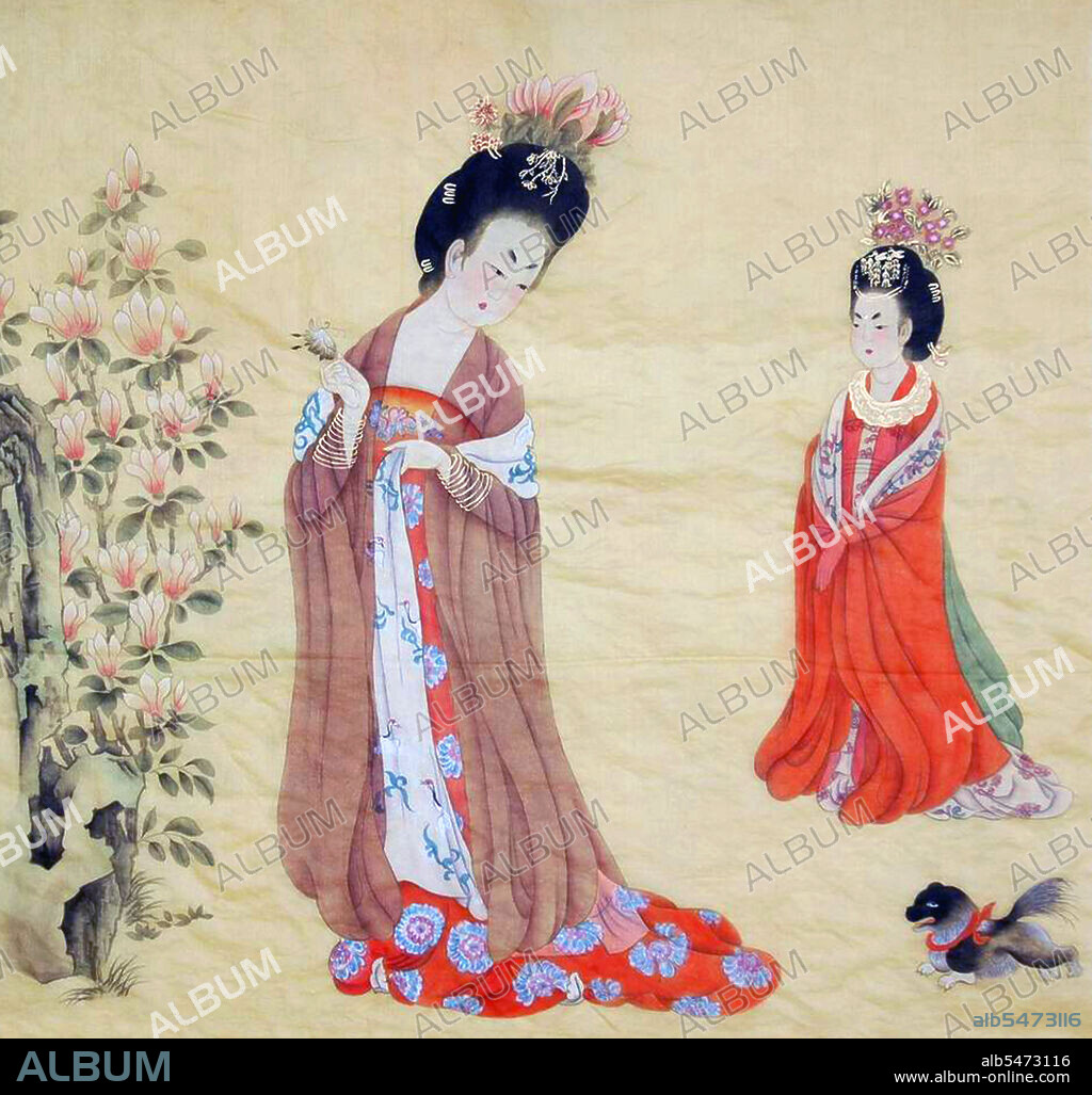 China: 'Court Ladies Wearing Flowered Headdresses'. Detail of handscroll painting by Zhou Fang (c. 730-800), late 8th century. Consort Yang Yuhuan  (719-756), often known as Yang Guifei (Guifei being the highest rank for imperial consorts), known briefly by the Taoist nun name Taizhen, is famous as one of the Four Beauties of ancient China. She was the beloved consort of Emperor Xuanzong of Tang during his later years. During the Anshi Rebellion, as Emperor Xuanzong was fleeing from the capital Chang'an, she was murdered because his guards blamed her cousin Yang Guozhong for the rebellion.