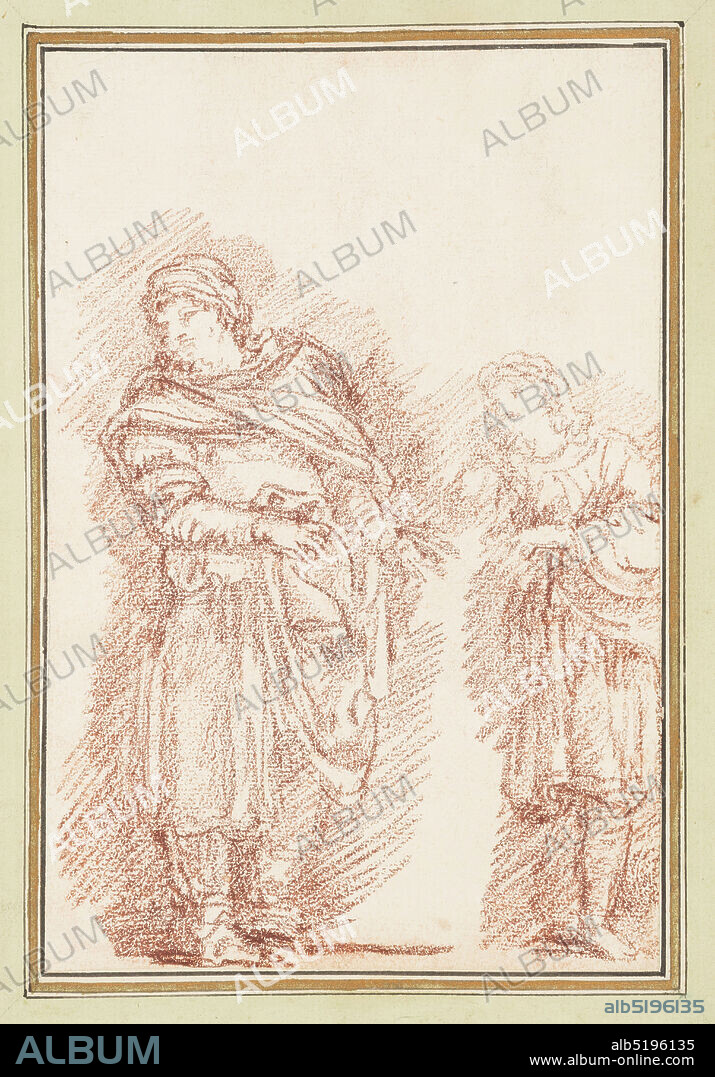 Standing figures in Renaissance dress, Jean-Robert Ango, French, active in Rome 1759 1770, d. 1773, Red chalk on paper, Two standing figures in Renaissance dress leaning to their right. Left figure is taller, arms point to the left., France, ca. 175970, figures, Drawing, Drawing.