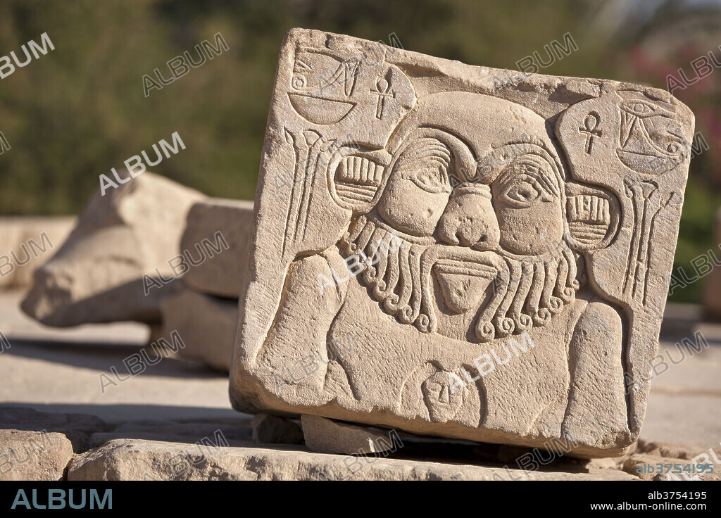 Relief of the god Bes at the Temple of Hathor, Philae, UNESCO World Heritage Site, Nubia, Egypt, North Africa, Africa.