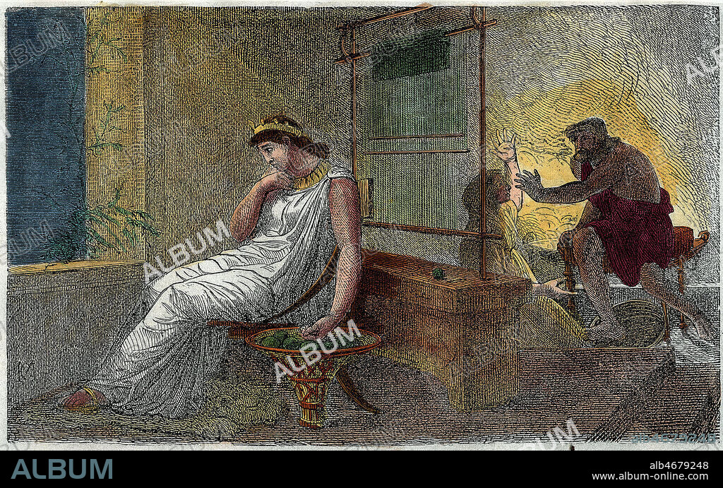 ULYSSE, l'Odyssee. ULYSSE reconnu par sa nourrice EURYCLEE, il l'empeche de prevenir sa femme Penelope. Gravure par OLIVIER tiree d'une edition de 1907 de L'Illiade et l'Odyssee. Edition Hachette. mise en couleur par nos soins. Credit Collection MA/KHARBINE TAPABOR.