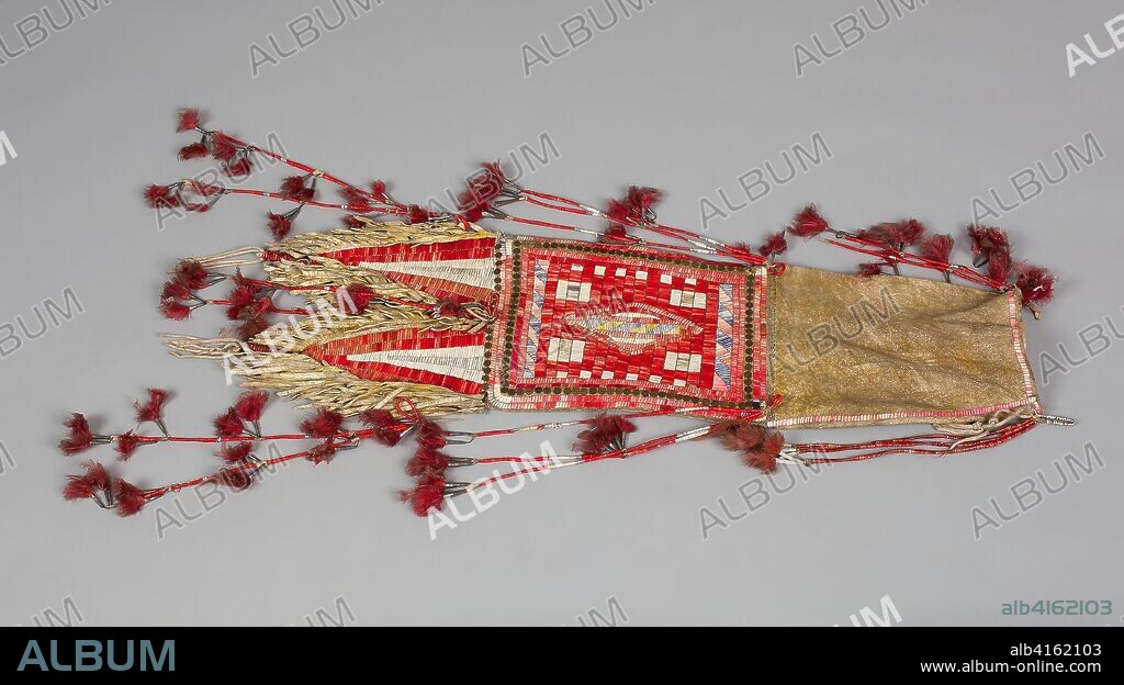 Tobacco Bag. Dakota; Central Plains or Northern Plains, United States. Date: 1880-1890. Dimensions: 91.4 x 35.6 x 6.4 cm (36 x 14 x 2 1/2 in.). Porcupine quills, leather, beads, shell, and feathers. Origin: Northern Plains.