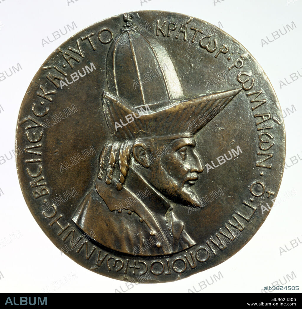 PISANELLO. Medal of John VIII Palaeologus, Byzantine, c1440. The Byzantine emperor John VIII (1390-1448), with a beard and wearing a tall hat with a peaked brim. The medal was made on the occasion of his visit to Ferrara, Italy in 1438 at the invitation of Pope Eugenius IV, for the Council intended to unite the Greek and Latin churches. It is probably a good likeness as it was done from eye-witness drawings. The idea for the medal's production was likely to have come from the court of the Este (the ruling family of Ferrara) but it is generally thought that it was inspired by two medals of the Roman emperors Constantine and Heraclius, of early fifteenth-century French workmanship, then thought to have been antique.