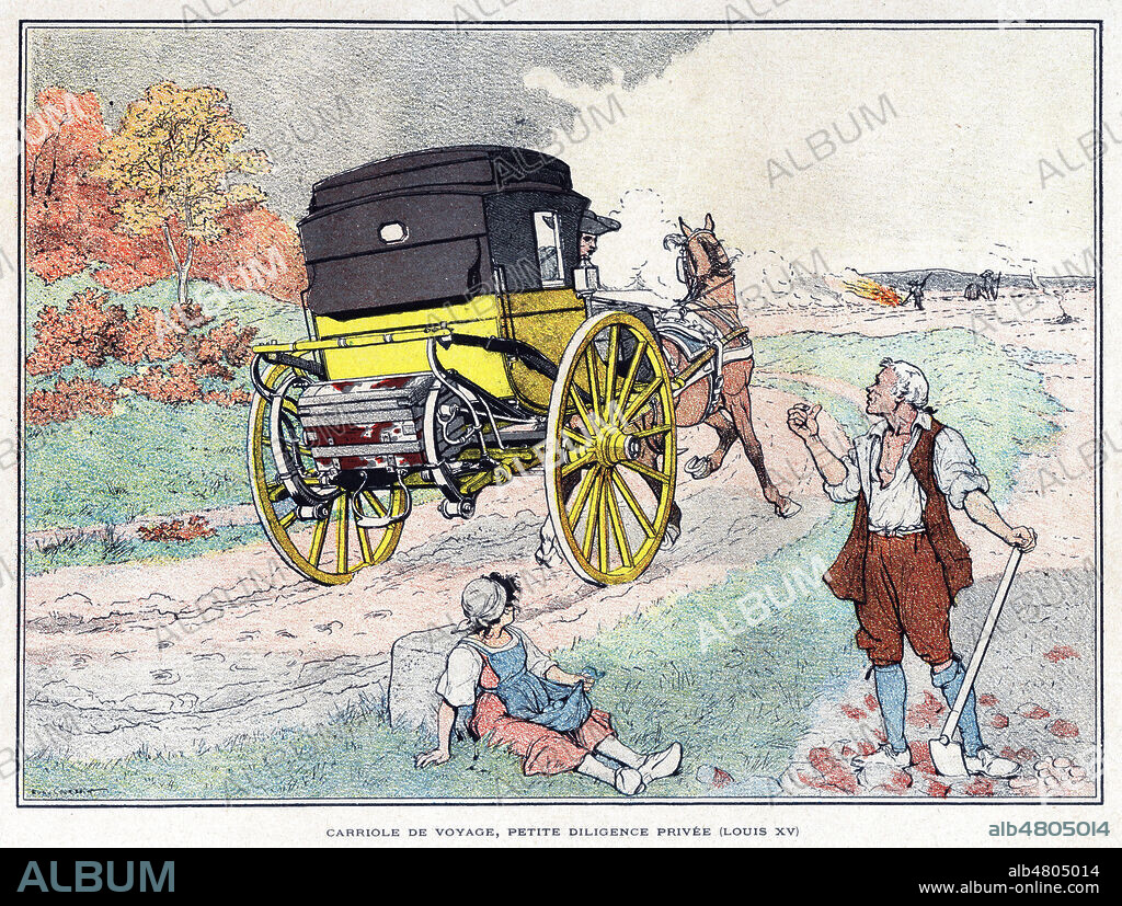 Carriole de voyage. petite diligence privee sous LOUIS XVI. Illustration d'Eugene COURBOIN (1850-1917) vers 1890. Credit : Collection Jonas/Kharbine-Tapabor.