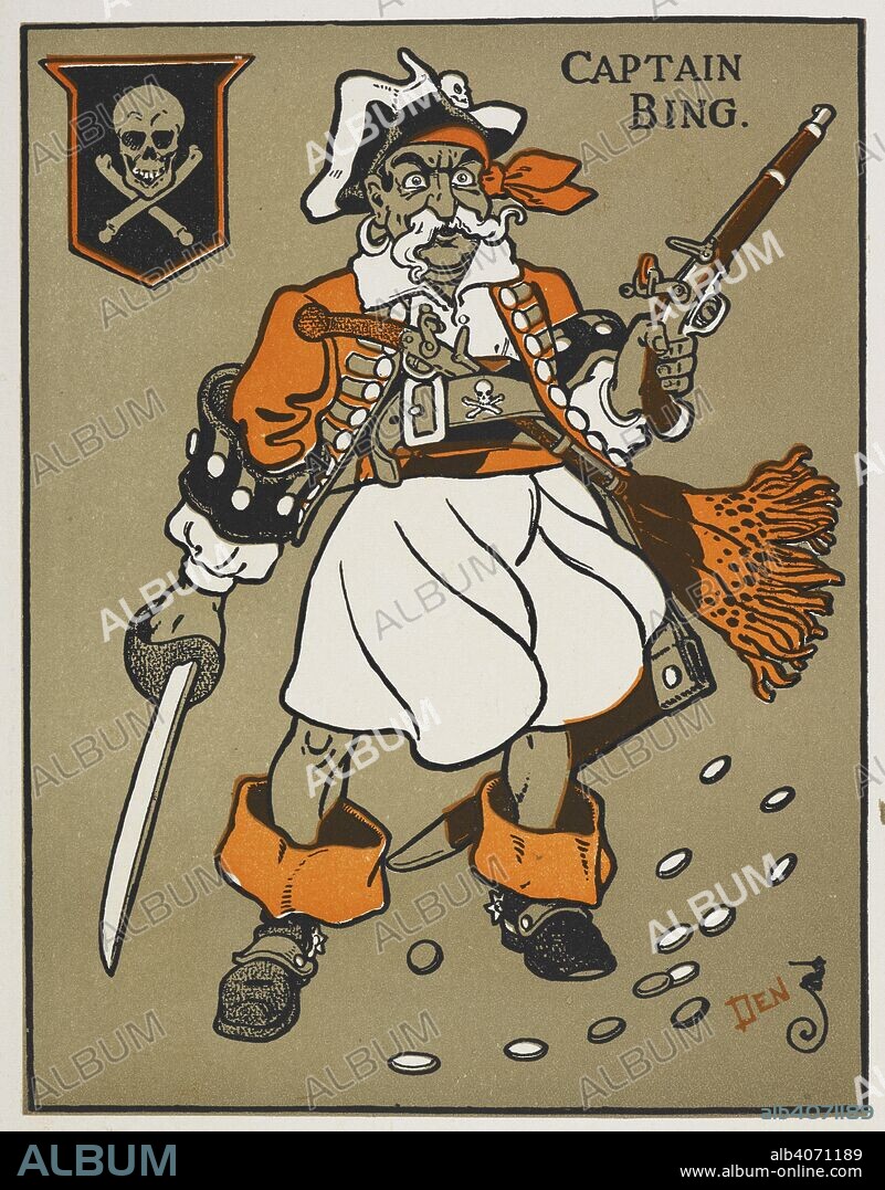 LYMAN FRANK BAUM and PERCY ALEXANDER LEASON. Captain Bing, a pirate. Colour illustration for a children's book. Father Goose: his book ... Pictures by Wm. W. Denslow. (Sixth edition.). Bobbs-Merrill Co.: Indianapolis, [1905.]. Source: 12812.c.45.