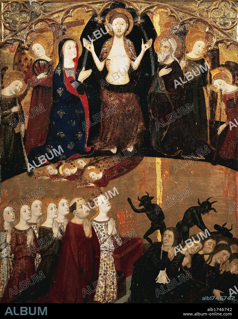 ARTE GOTICO. ESPAÑA S. XIV. JAUME SERRA (Documentado entre 1358 al 1390 en Barcelona). Pintor de la escuela catalana. "RETABLO DE FRAY MARTIN DE ALPARTIR". TABLA DEL JUICIO FINAL. Pintura al temple sobre madera. Hacia el año 1361. Procede del Convento del Santo Sepulcro de Zaragoza. Museo Provincial de Bellas Artes de Zaragoza. Aragón.