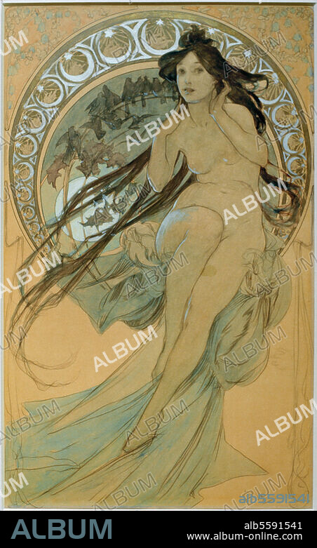 ALPHONSE MUCHA. Mucha, Alfons. 1860-1939. "Music", 1898. From the series "Die Vier Künste" (the four arts). Watercolour over lead, 56 × 34.6cm. Mucha Trust.