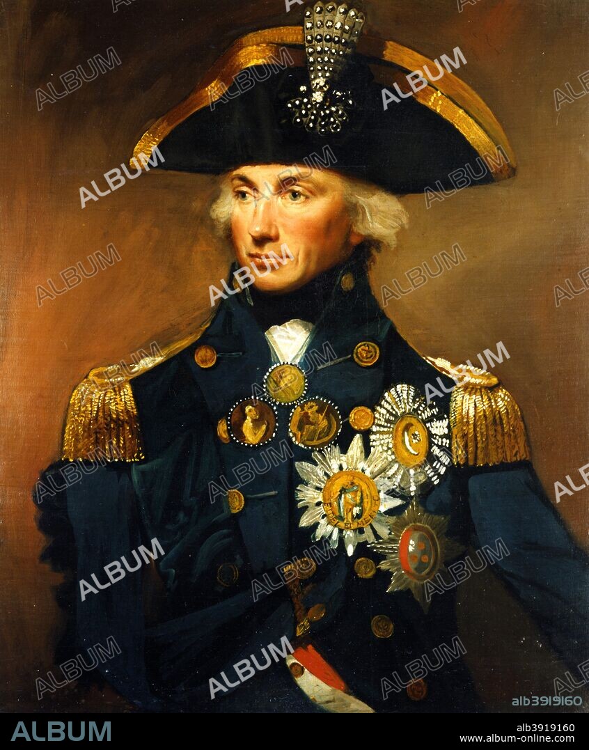 Rear Admiral Sir Horatio Nelson, 1798-1799. Probably the most famous portrait of Nelson, painted after his victory at the Battle of the Nile, from an earlier sketch. One of Britain's greatest military figures, Admiral Nelson (1758-1805) was the victor at a number of naval battles in the Napoleonic Wars, including the Battle of the Nile (1798), Copenhagen (1801) and most famously, Trafalgar (1805) where he was fatally wounded.