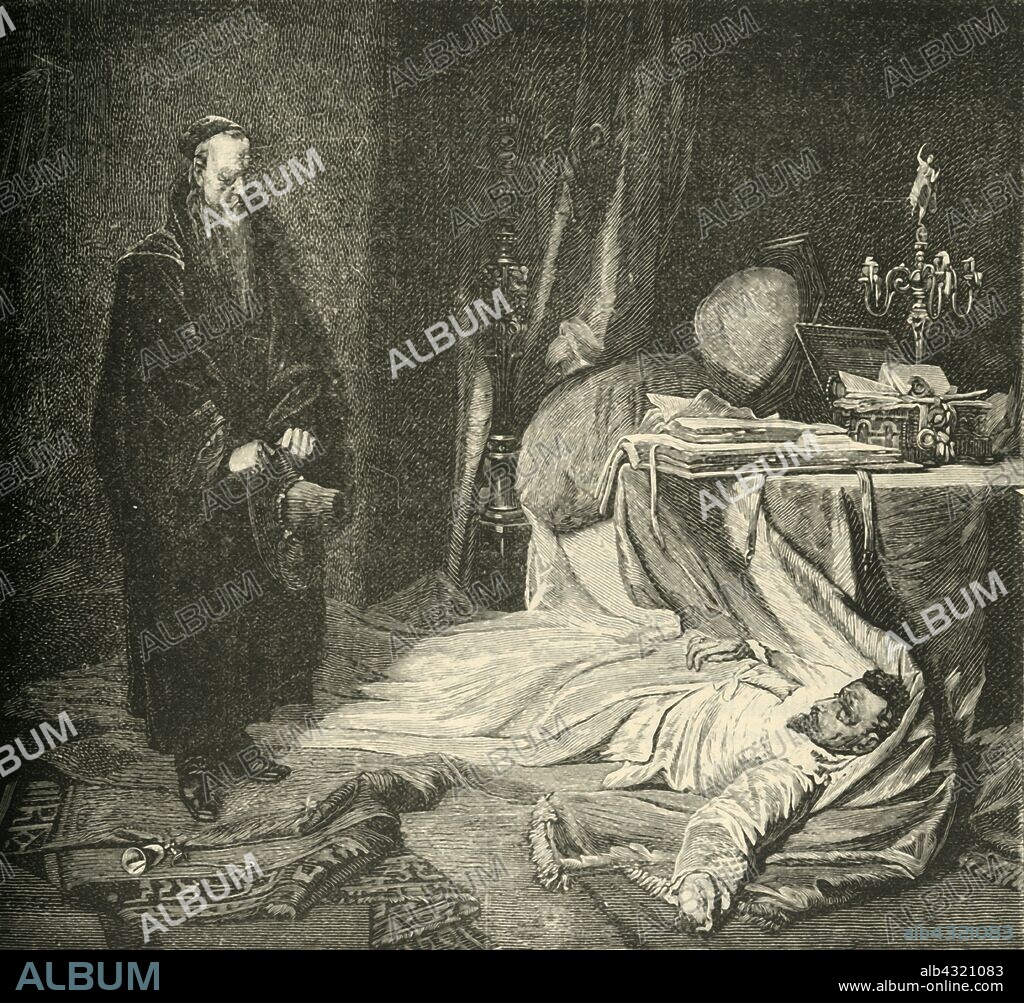 'The Death of Wallenstein', 1634, (1890). Albrecht von Wallenstein (1583-1634) Bohemian military leader and nobleman whose career made him influential in the Holy Roman Empire was assassinated on the night of February 25 1634. From "Cassell's Illustrated Universal History, Vol. IV - Modern History", by Edmund Ollier. [Cassell and Company, Limited, London, Paris and Melbourne, 1890].