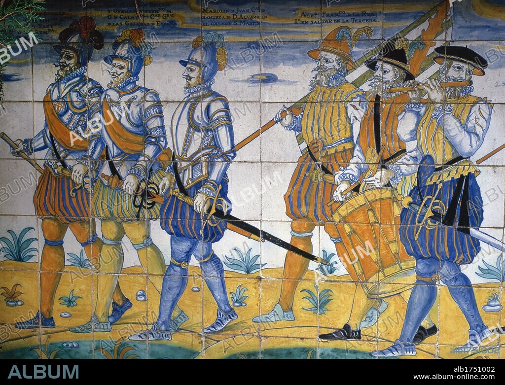 ARTE S. XVIII. ESPAÑA. PALACIO DEL MARQUES DE SANTA CRUZ (s. XVI). Detalle de los AZULEJOS DE CERAMICA DE TALAVERA. El Viso del Marqués. Provincia de Ciudad Real. Castilla-La Mancha.