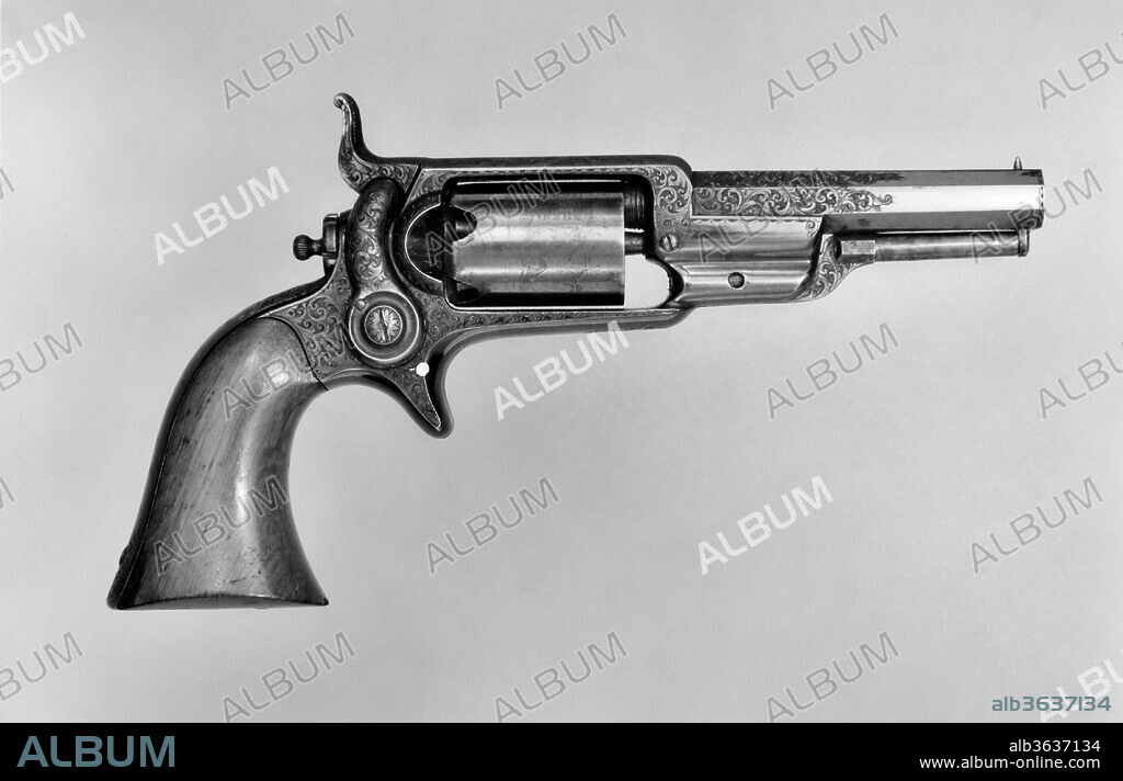 Colt Model 1855 Pocket Percussion Revolver, Serial no. 4460, with Case and Accessories. Culture: American, Hartford, Connecticut. Dimensions: L. 7 7/8 in. (19.99 cm); L. of barrel 3 1/2 in. (8.89 cm); Cal. .28 in. (7 mm); case 9 3/8 x 5 3/4 x 1 7/8 in. (23.8 x 14.61 x 4.75 cm); L. of spanner-screwdriver 3 1/4 in. (8.26 cm); greatest W. of spanner-screwdriver 1 3/8 in. (3.48 cm); L. of primer 4 5/8 in. (11.73 cm); greatest W. of primer 2 in. (5.08 cm); L. of bullet mould 4 3/8 in. (11.1 cm). Manufacturer: Samuel Colt (American, Hartford, Connecticut 1814-1862). Date: 1855.
This revolver was presented by Samuel Colt to John P. Moore. The handle was carved from the Charter Oak, owned by I. W. Stuart. This tree was revered as a symbol of Connecticut's struggle for liberty.