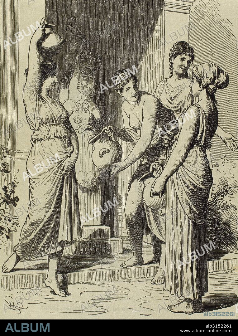 HISTORIA DE LA ANTIGUA GRECIA. ESCLAVAS recogiendo agua de una fuente pública. Grabado de "El Mundo Ilustrado" (1880) .