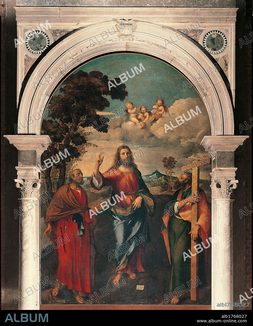 Christ with St Peter and St Andrew, by Marconi Rocco, 16th Century, oil,. Italy, Veneto, Venice, San Zanipolo Church (Ss Giovanni e Paolo). Full view. Jesus Christ saints St Peter St Andrew angels clouds trees cross landscape red blue pale blue white pink dark green orange.