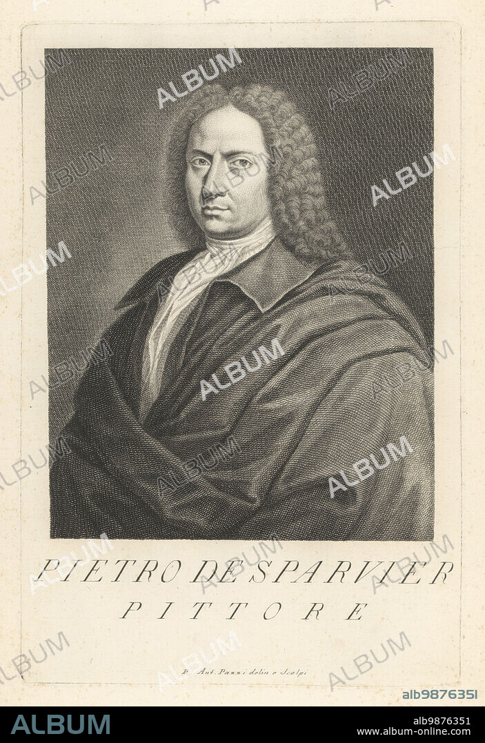 Pierre Esparvier, French painter, 1663-1731. Born in Ussel, worked in Bologna and Florence, painted portraits, battle scenes and flowers. Pietro de Sparvier, Pittore. Copperplate engraving drawn and engraved by Pietro Antonio Pazzi after a self portrait by the artist from Francesco Moucke's Museo Florentino (Museum Florentinum), Serie di Ritratti de Pittori (Series of Portraits of Painters) stamperia Mouckiana, Florence, 1752-62.
