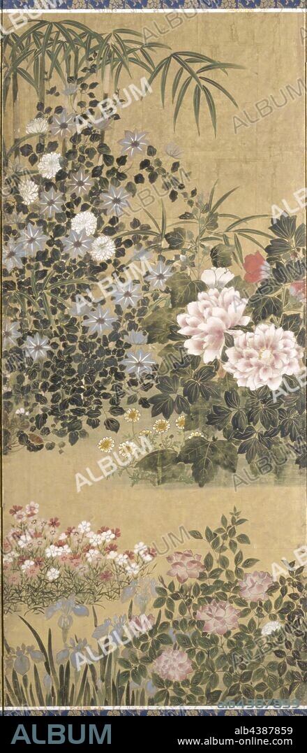 Flowers and Butterflies, School of Tawaraya Sotatsu (Japanese), Edo, 1730-1770, ink, color and gold leaf on paper, 51-3/4 x 20-1/2 in. (4 inner panels, each screen) 51-3/4 x 21-5/8 in. (2 end panels, each screen) 51-3/4 x 125-1/4 in. (overall), Asian Art.