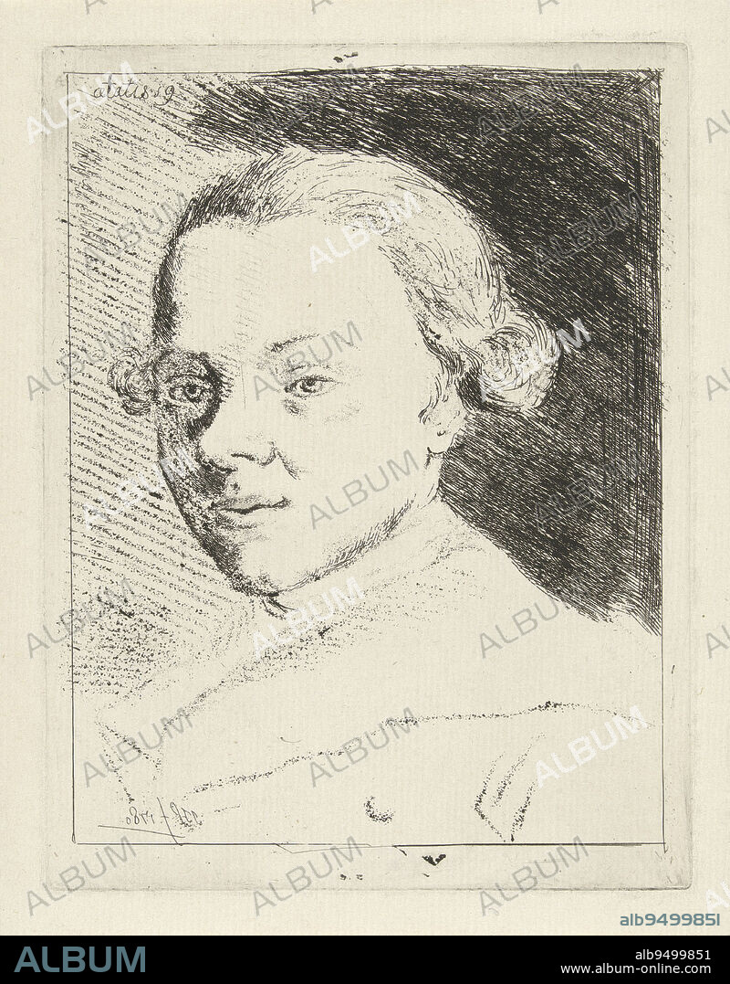 Bust to the left of the painter Jabes Heenck. In the upper left corner in mirror writing: aetatits 19., Self-Portrait of Jabes Heenck, print maker: Jabes Heenck, (mentioned on object), Northern Netherlands, 1780, paper, etching, w 177 mm × h 135 mm.