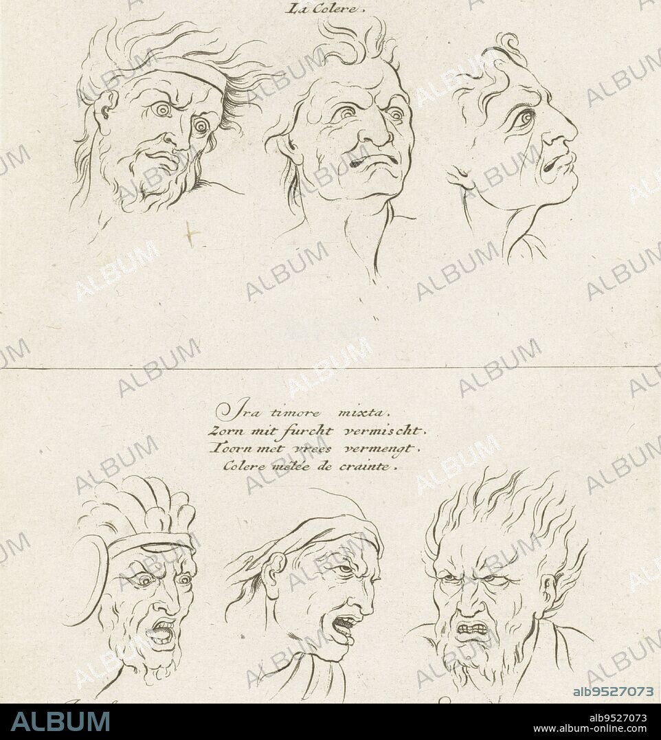 Facial expression of wrath and facial expression of wrath and despair, Pieter Schenk (I), after Sébastien Leclerc, after Charles Le Brun, 1692 - 1711, Top a two faces from the front and one from the side with a wrathful facial expression. At the bottom three faces. The first with an expression of anger and wrath, the second with an expression of wrath and fear, and the third with an expression of utter despair., print maker: Pieter Schenk (I), Sébastien Leclerc, intermediary draughtsman: Charles Le Brun, Amsterdam, 1692 - 1711, paper, etching, h 213 mm × w 161 mm.