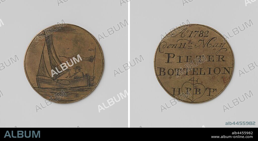 Rowing, scaffolding and boatmen's guild of Amsterdam, guild token by Pieter Bottelion, berth Haringpakkerstoren scaffolding, Brass medal. Front: sailboat sailing to the left, on rear: sitting man and flag. Reverse: inscription above house brand and heart with letters P and B between the monogram of letters H, P and T, Amsterdam, Pieter Bottelion, anonymous, 1782, brass (alloy), engraving, d 3.1 cm × w 5.30 gr.