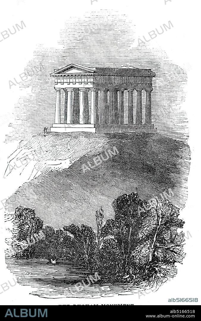 The Durham Monument, 1844. The Penshaw Monument in Sunderland, County Durham, was built to commemorate John Lambton, 1st Earl of Durham, Governor-General of British North America. 'The design, by the Messrs. [John and Benjamin] Green, is in the form of a Temple, of the Doric order, and the proportions are after the Temple of Theseus'. The monument was built between 1844 and 1845. From "Illustrated London News", 1844, Vol V.
