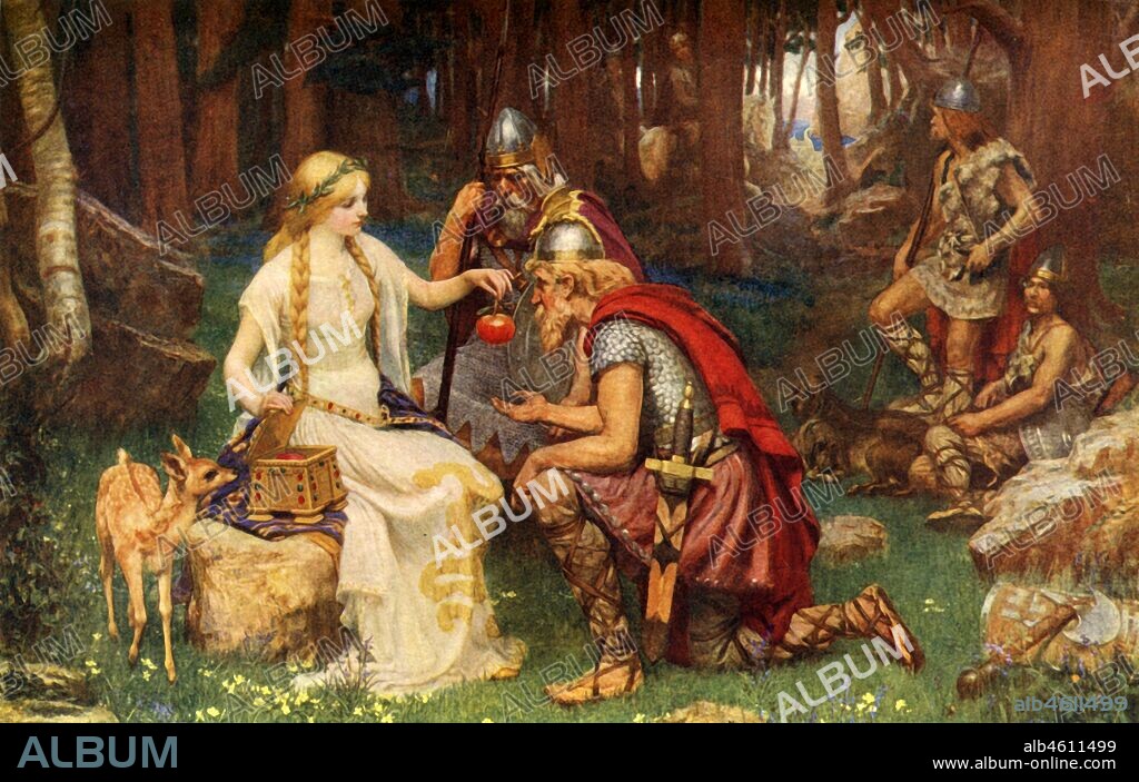 JAMES DOYLE PENROSE. 'Idun and the Apples', 1912. In Norse mythology, Idun is a goddess associated with apples and youth, Loki lures her into the forest where she is kidnapped by Pjazi in the form of an eagle.  From "Teutonic Myth and Legend", by Donald A. Mackenzie. [The Gresham Publishing Company, London, 1912].