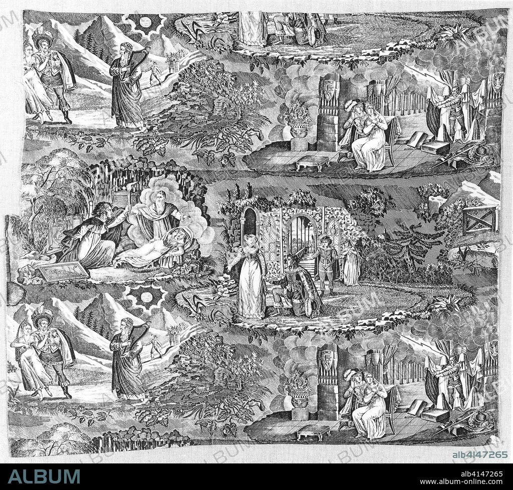 BORNI. Le Vampire (The Vampyre) (Furnishing Fabric). France. Date: 1819-1830. Dimensions: a: 261.4 × 86 cm (102 7/8 × 33 7/8 in.)
b: 79 × 88.2 cm (31 1/8 × 34 3/4 in.)
c: 38.8 × 61.3 cm (15 1/4 × 24 1/8 in.). Cotton, plain weave; engraved roller printed. Origin: France.