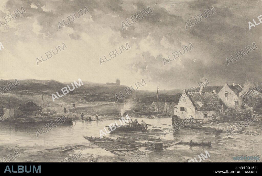 River landscape with some houses and a water mill, Salomon Leonardus Verveer, 1870, draughtsman: Salomon Leonardus Verveer, 1870, paper, brush, h 354 mm × w 572 mm.