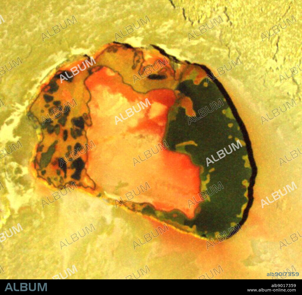 volcanic crater named Tupan Patera on Jupiter's moon Io, as seen in this image from NASA's Galileo spacecraft, show varied results of lava interacting with sulphur-rich materials. The colourfulness of the image is only slightly enhanced from what the human eye would see on the scene. The red in the image includes a small amount of infrared energy. Tupan Patera, named after a Brazilian thunder god, was seen as an active hot spot in earlier Galileo observations. This image taken in October 2001. Tupan is clearly shown to be a volcanic depression, about 75 kilometres (47 miles) across, surrounded by cliffs about 900 meters (3000 feet) tall.