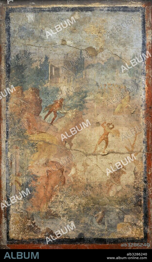 Fresco romano, única réplica del mito de Marsias, representado en narrativa continua. Atenea, sentada, toca la flauta doble, mientras que una ninfa le muestra un espejo. A la izquierda, Marsias observa la escena desde una roca. En el centro, se somete al castigo de Apolo, rodeado de Musas. Primer época imperial. Pompeya. Museo Arqueológico Nacional. Nápoles. Italia.
