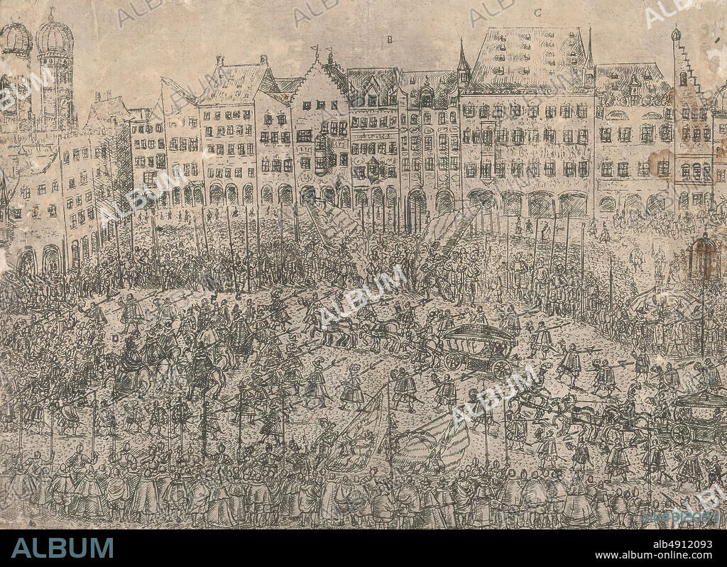 Wilhelm Peter Zimmermann, How one entered the church (Folgt wie man zur Kirchen gangen), from a series depicting the wedding of Wolfgang Wilhelm, Duke of Pfalz-Neuberg, Pfalzgraf, and Magdalena, Duchess of Bavaria, in Munich, 1613 (Plate 4), 1614, Etching, Sheet (Trimmed to plate): 8 1/4 × 11 1/2 in. (21 × 29.2 cm).