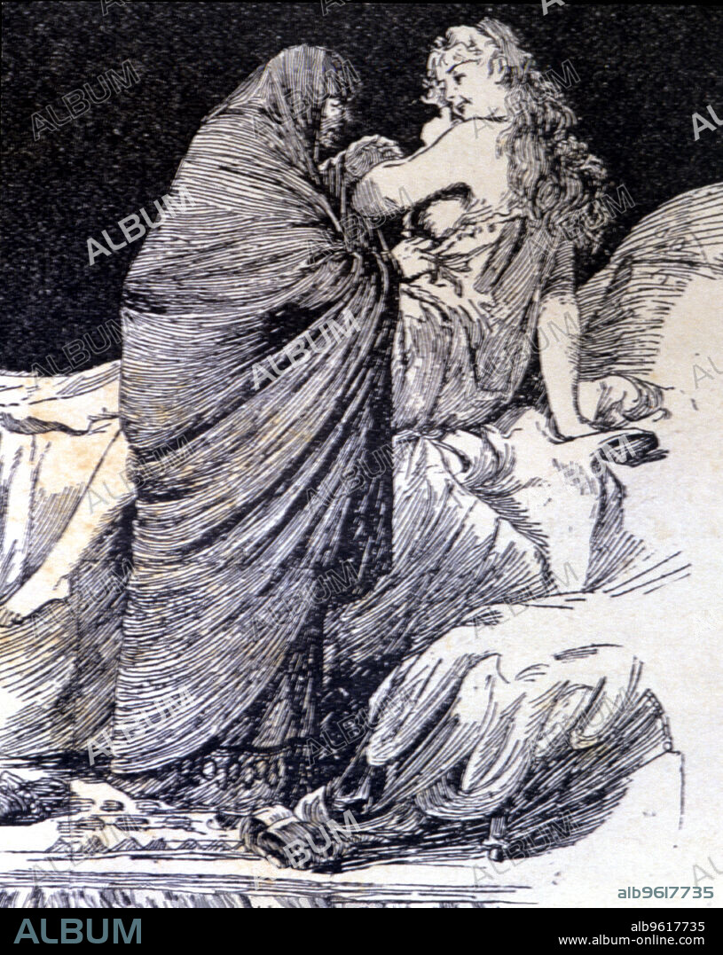 'La Celestina wakes Melibea', engraving in 'La Celestina' by Fernando de Rojas, published in 1883.