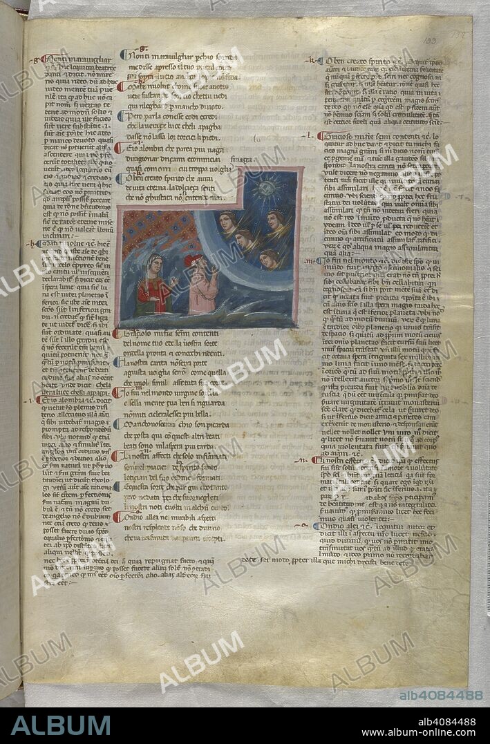 Paradiso : Dante addresses Piccarda Donati in heaven. Dante Alighieri, Divina Commedia ( The Divine Comedy ), with a commentary in Latin. 1st half of the 14th century. Source: Egerton 943, f.133. Language: Italian, Latin.