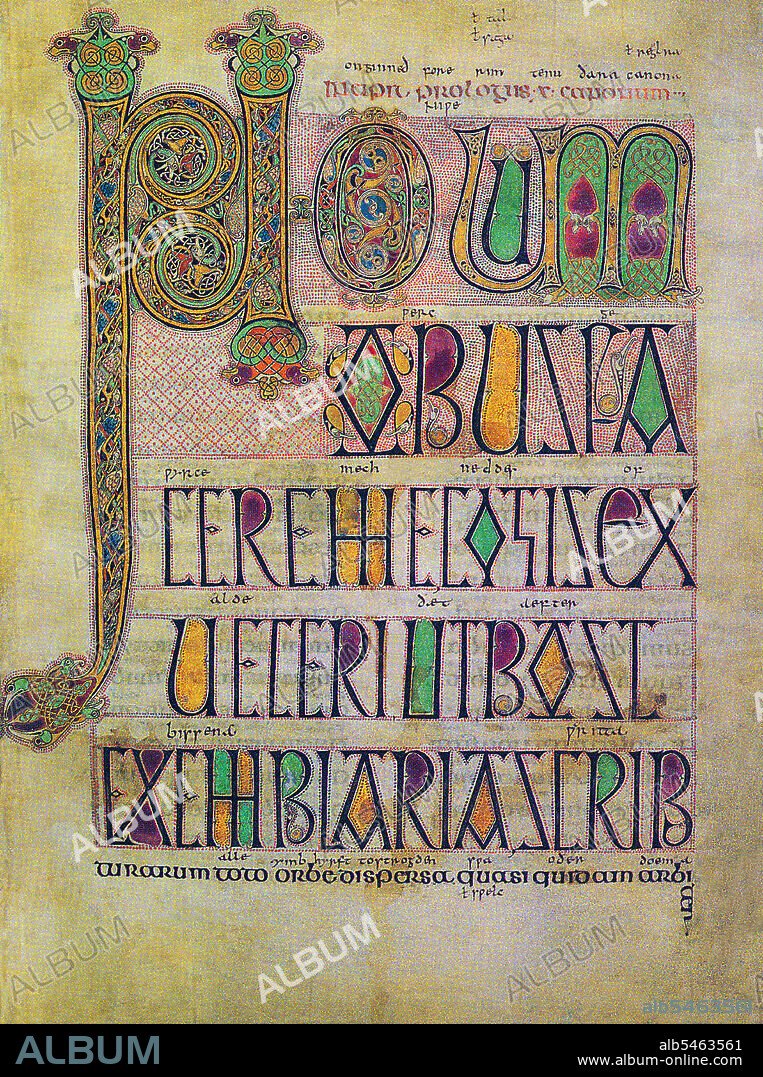 The Lindisfarne Gospels is an illuminated manuscript gospel book produced around the year 700 CE in a monastery on Lindisfarne Island, off the coast of Northumberland. It is now on display in the British Library in London. The manuscript is one of the finest works in the unique style of Hiberno-Saxon or Insular art, combining Mediterranean, Anglo-Saxon and Celtic elements. The Lindisfarne Gospels are presumed to be the work of a monk named Eadfrith, who became Bishop of Lindisfarne in 698 and died in 721. Current scholarship indicates a date around 715, and it is believed they were produced in honour of St. Cuthbert. However, it is also possible that Eadfrith produced them prior to 698, in order to commemorate the elevation of Cuthbert's relics in that year, which is also thought to have been the occasion for which the St Cuthbert Gospel was produced. The Gospels are richly illustrated in the insular style, and were originally encased in a fine leather binding covered with jewels and metals made by Billfrith the Anchorite in the 8th century. During the Viking raids on Lindisfarne, however, this cover was lost, and a replacement was made in 1852. The text is written in insular script. In the 10th century an Old English translation of the Gospels was made: a word-for-word gloss inserted between the lines of the Latin text by Aldred, Provost of Chester-le-Street. This is the oldest extant translation of the Gospels into the English language. The Gospels may have been taken from Durham Cathedral during the Dissolution of the Monasteries, ordered by Henry VIII, and were acquired in the early 17th century by Sir Robert Cotton from Thomas Walker, Clerk of the Parliaments. Cotton's library came to the British Museum in the 18th century, and from there to the British Library in London when this was separated from the British Museum.