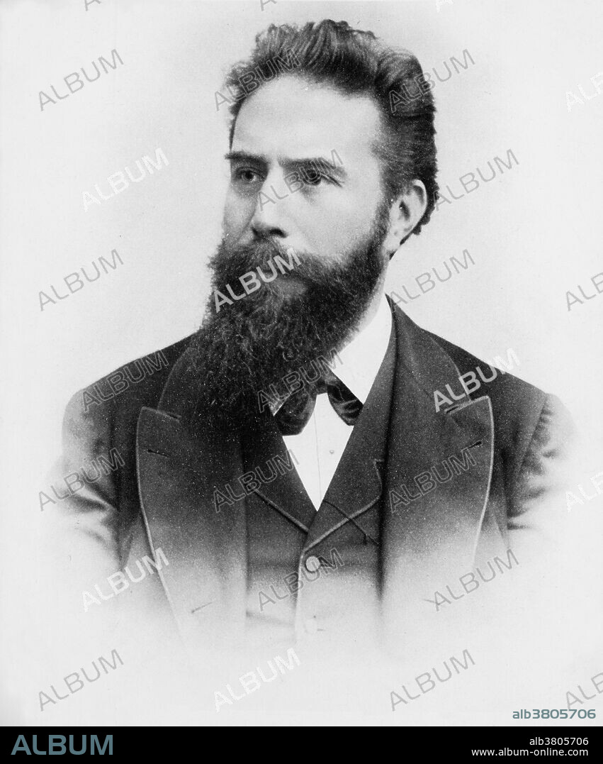 Wilhelm Konrad Roentgen (1845-1923), German experimental physicist and discoverer of X-rays. While using a discharge tube (in which an electric discharge is passed through a gas at low pressure) in a darkened room, Roentgen noticed that a card coated with barium platinocyanide glowed when the tube was switched on. The effect was not blocked by an intervening wall, or even a thin sheet of metal. Roentgen termed this newly discovered phenomenon X-ray radiation, and suggested that it consisted of electromagnetic rays with a shorter wavelength than light. He was awarded the first Nobel Prize for Physics in 1901.