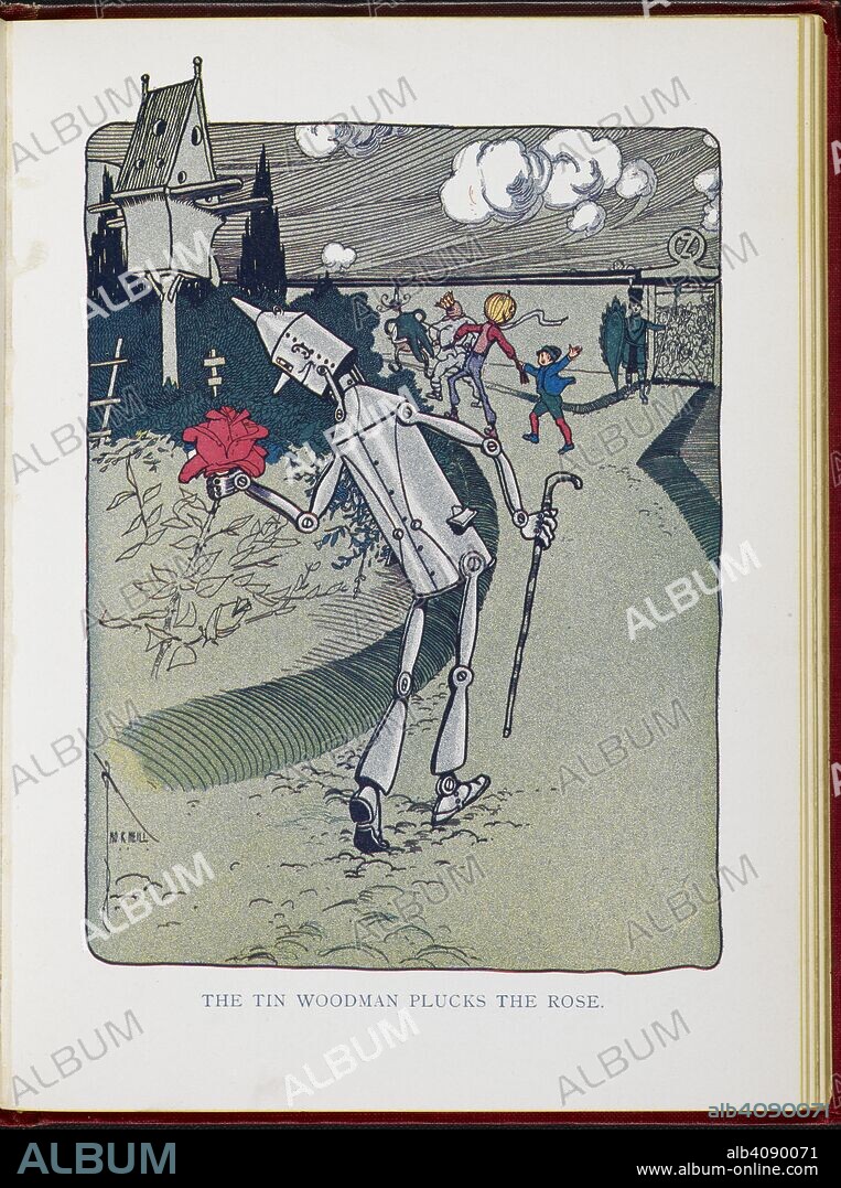 LYMAN FRANK BAUM and JOHN R. NEILL. The Tin Woodman plucks the rose. The Marvelous Land of Oz. Being an account of the further adventures of the Scarecrow and Tin Woodman ... A sequel to the Wizard of Oz ... Pictured by John R. Neill, etc. London : F. H. Revell Co., 1904. Source: 12812.aa.46 opposite page 25.