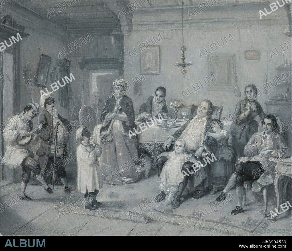 MORITZ DANIEL OPPENHEIM. Purim (Feast of Esther) (Das Purim-Fest). Date/Period: 1873. Painting. Oil on canvas Oil on canvas. Height: 480 mm (18.89 in); Width: 582 mm (22.91 in).