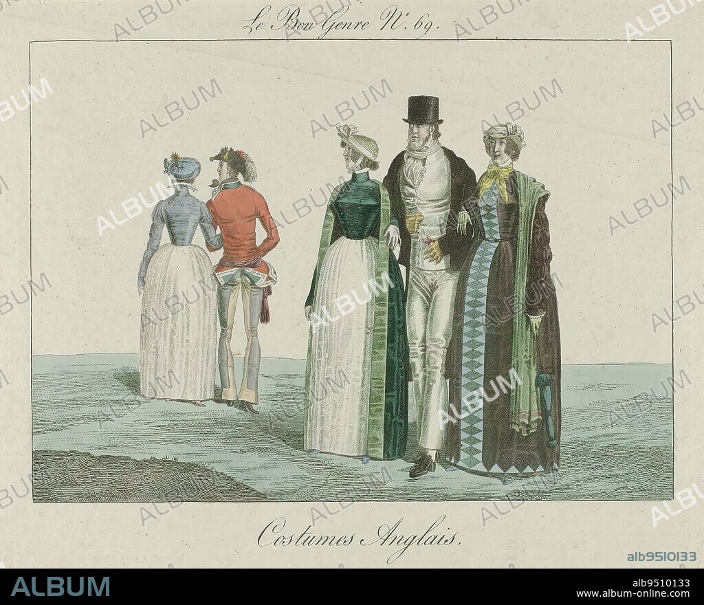 Le Bon Genre, 1817, No. 69 : Costumes Anglais, The English fashion in 1817., print maker: anonymous, 1817, paper, engraving, height 228 mm × width 278 mm.